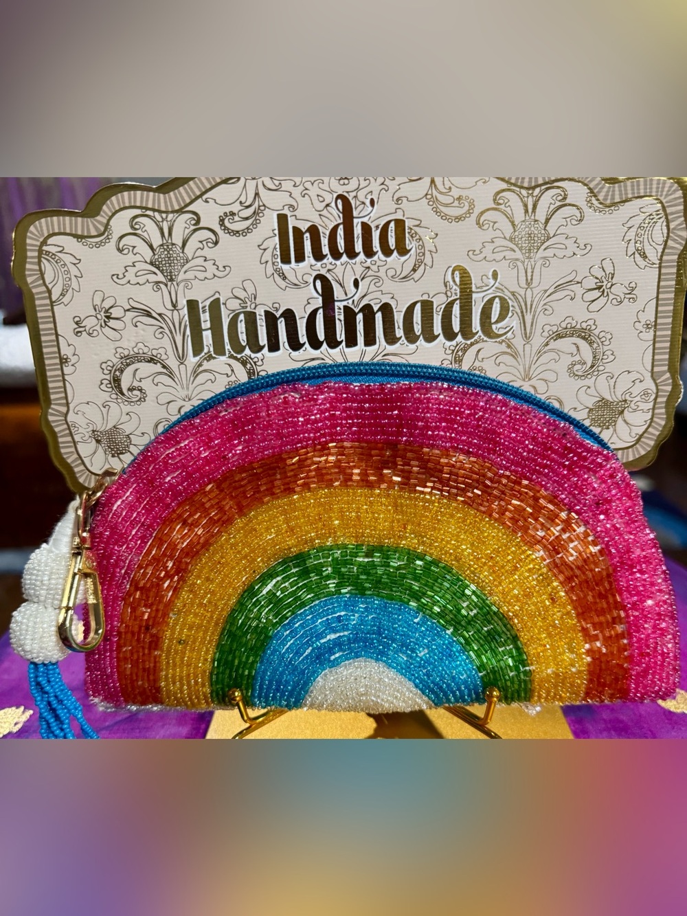 NWT India Handmade Beaded Rainbow Clutch Bag Multi Color
